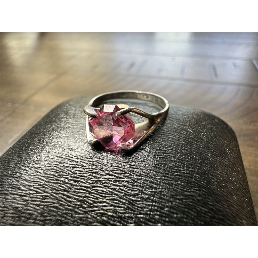 Vintage ESPO 18KT HGE Pink Stone Cocktail Ring Geometric Statement Ring Size 5.5